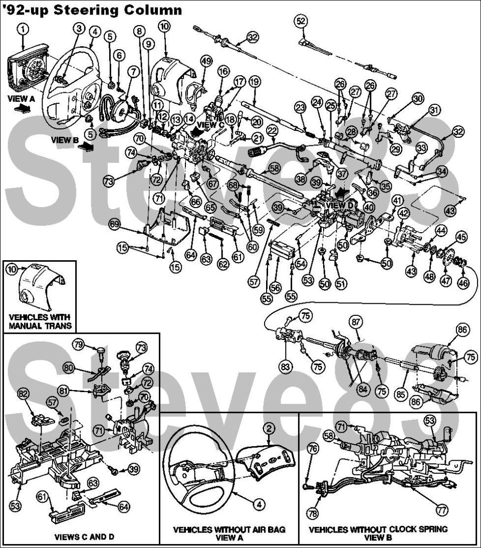 Exploded parts diagram titled '92-up Steering Column showing numbered components