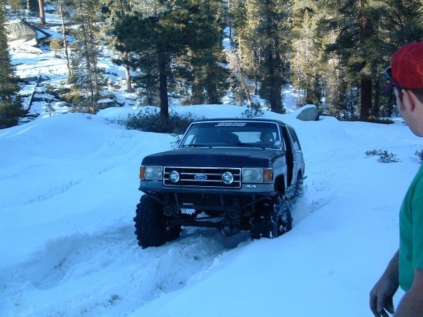 Dark blue lifted Ford SUV pushing through deep snow in a pine forest
