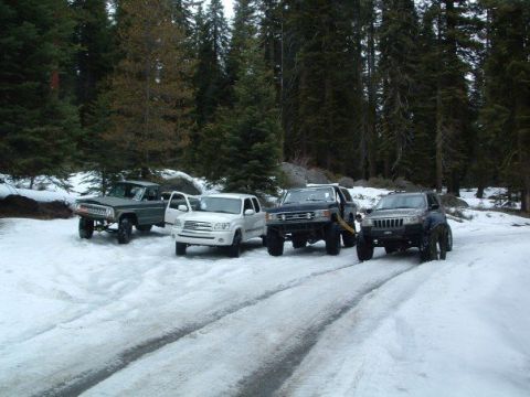 1989 Ford Bronco - A group of off-road vehicles are stopped on a snow-covered road surrounded by pine trees.