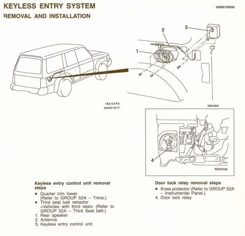 2000 Mitsubishi Montero - This diagram details the removal and installation procedures for a vehicle's keyless entry system.