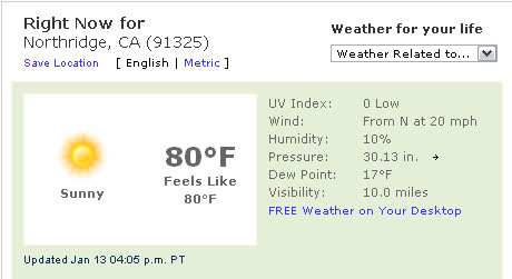 1993 Ford Taurus - Current weather conditions for Northridge, CA include a temperature of 80F and sunny skies.