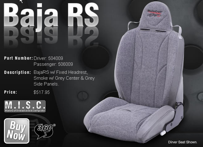 Grey Baja RS racing seat with fixed headrest and product details.