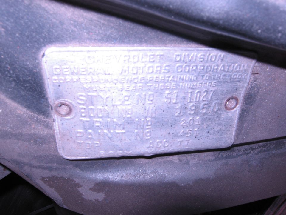 Chevrolet Division General Motors Corporation VIN plate with style, body, trim, and paint numbers