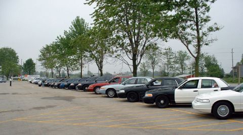 2000 Ford Crown Victoria - A line of police cars, including a white Ford Crown Victoria, are parked in a lot under a cloudy sky.