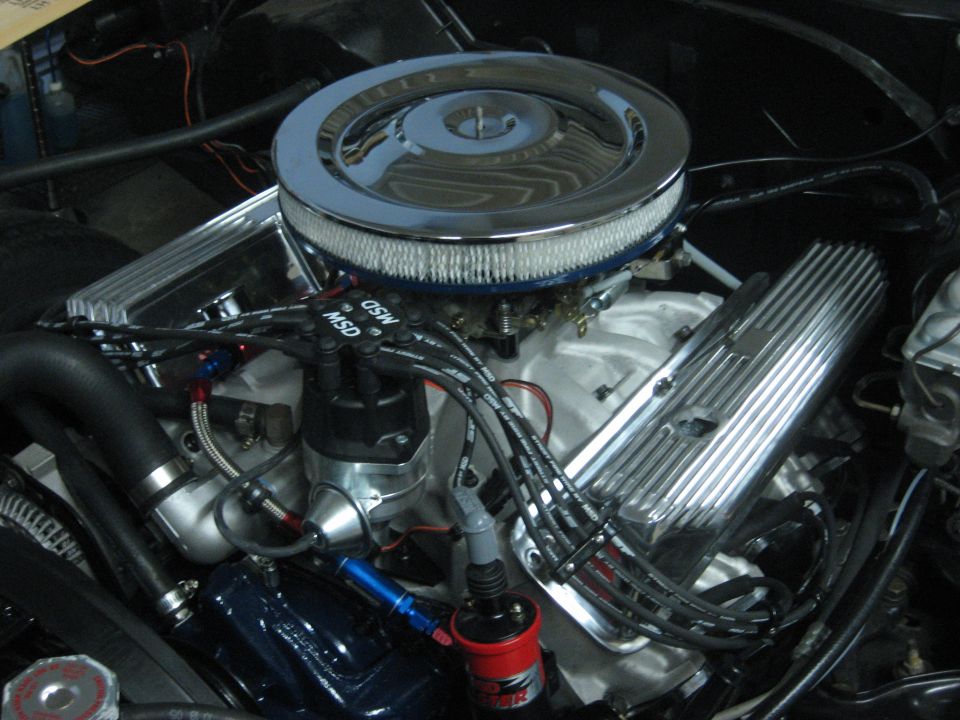 Ford V8 engine with chrome air cleaner, finned aluminum valve covers and MSD ignition wires