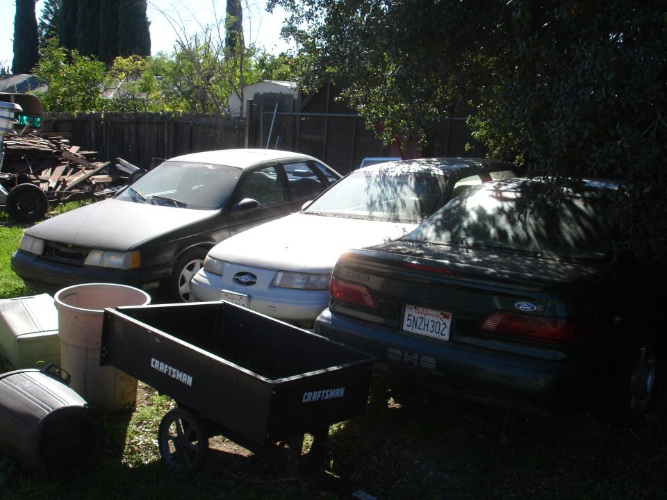 Dark green Ford Taurus with license plate 5NZH302 parked in a yard.