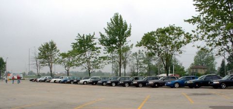2000 Ford Crown Victoria - Multiple Ford Crown Victorias are parked in a row, suggesting a fleet or gathering.