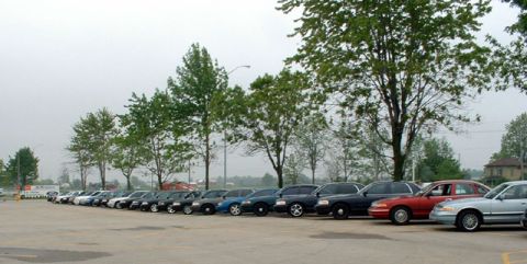 2000 Ford Crown Victoria - A row of Ford Crown Victoria police cruisers are parked in a lot under a cloudy sky.