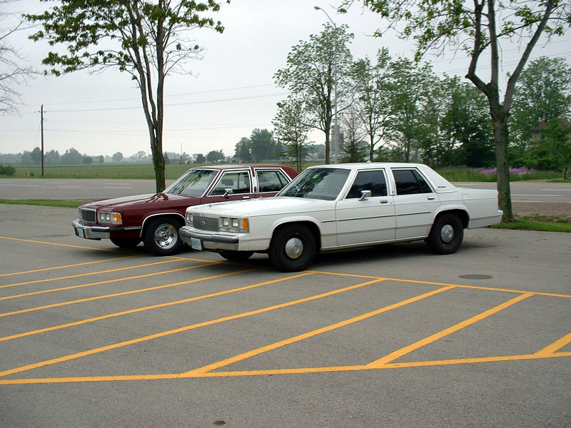 Two sedans, one white and one maroon, parked side-by-side in a parking lot