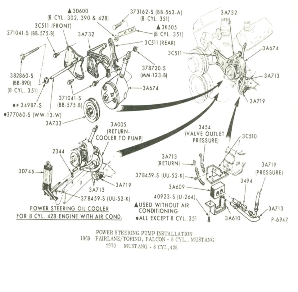 Power steering pump installation diagram for 1969-1970 Ford with labeled part numbers