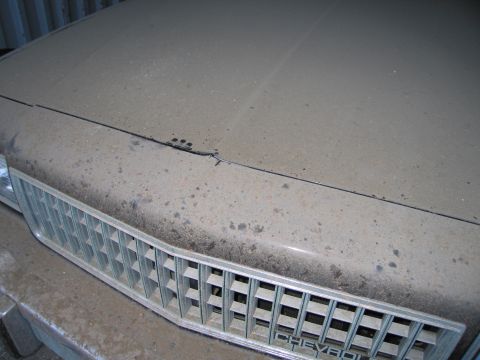 1991 Ford LTD Crown Victoria - Photograph of the dusty hood and grille of a Chevrolet, not a technical document.