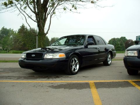 2000 Ford Crown Victoria - Two dark sedans are parked side-by-side in a lot with a tree overhead.