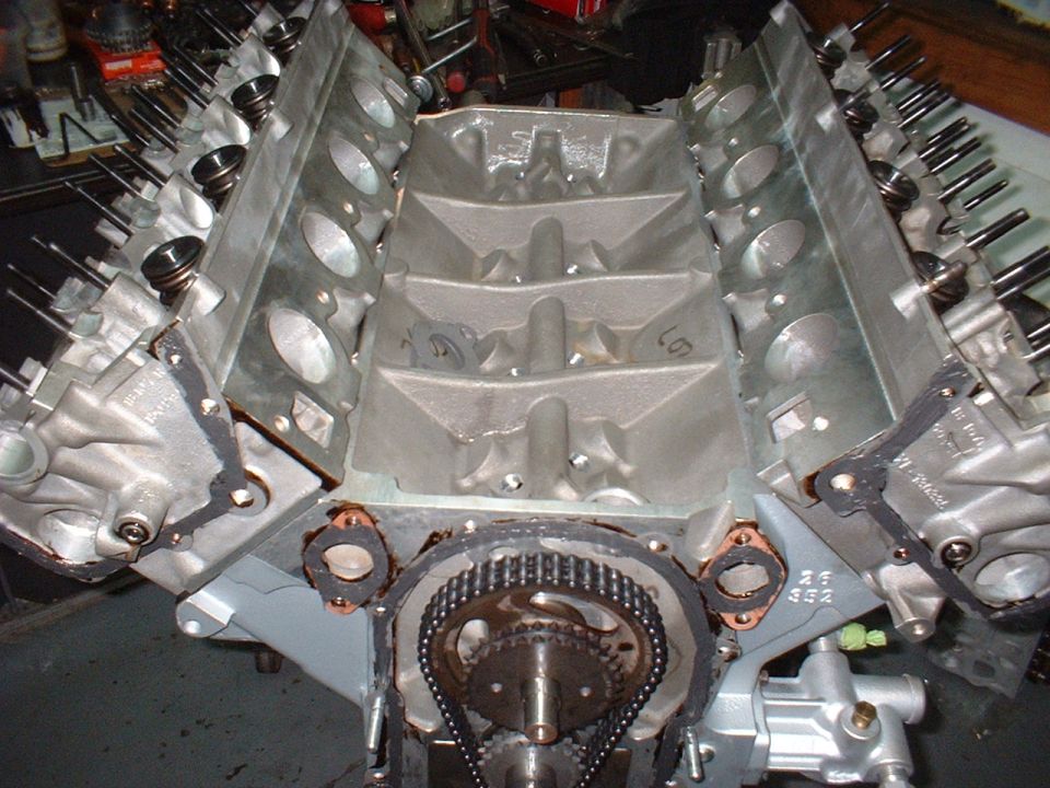 V8 engine block with cylinder heads and timing chain
