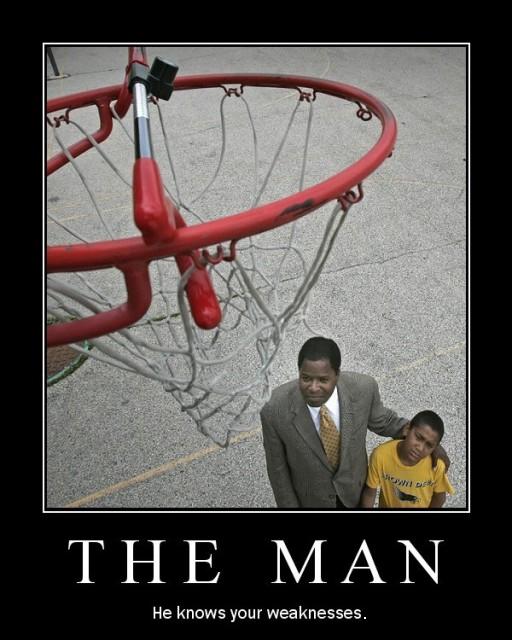 THE MAN demotivational poster viewed through a basketball hoop