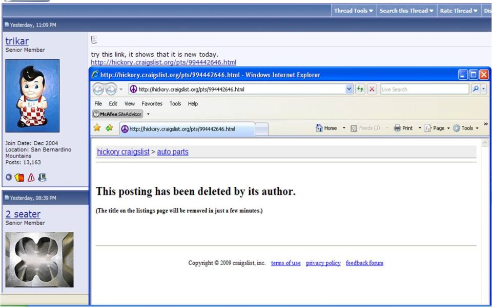 Screenshot of a forum thread and a deleted Craigslist auto parts posting