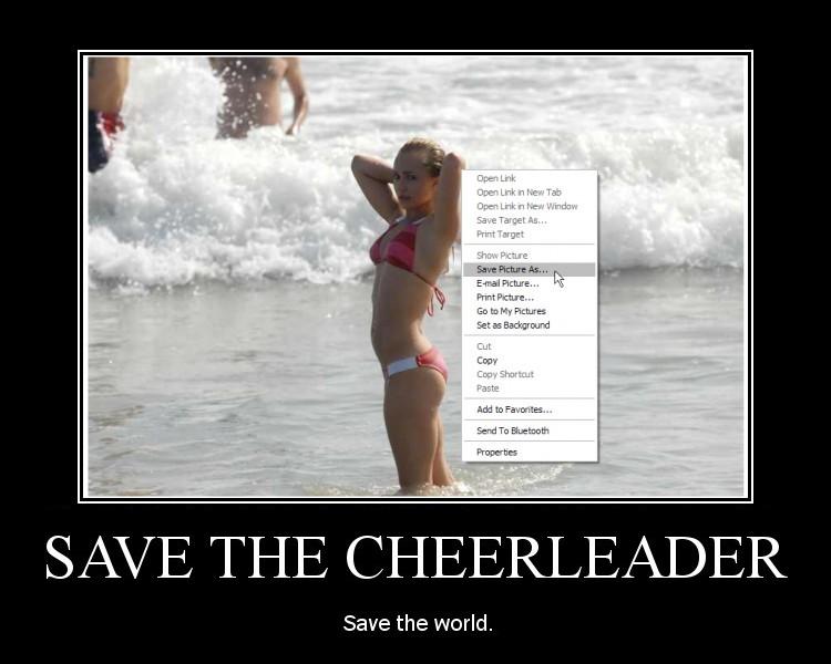 Demotivational meme of woman in red bikini at beach captioned SAVE THE CHEERLEADER