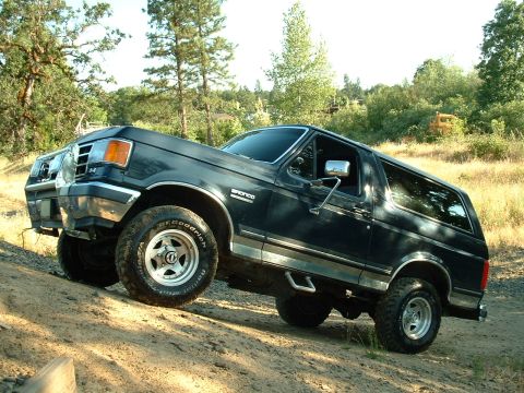 1991 Ford Bronco - This dark blue Ford Bronco is shown from a 3/4 front angle on a dirt path, with trees and brush in the background.