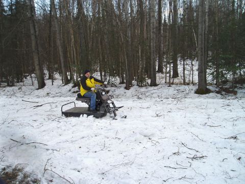 2000 Ford E350 - A person in a yellow jacket rides a snowmobile through a wooded area covered in snow. The snowmobile has a flat platform and a motorcycle-l…