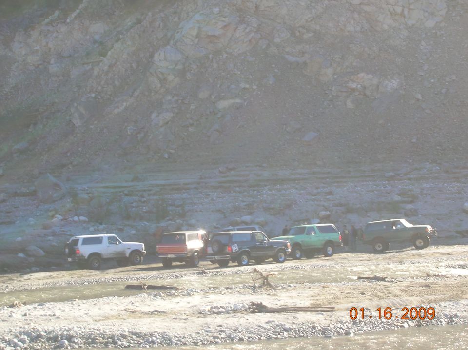 Several Ford Broncos parked in a line on a dirt road.