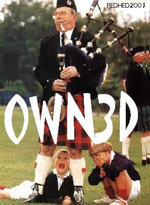 1990 Ford Bronco - A man in traditional Scottish attire plays the bagpipes for two children on a grassy field.