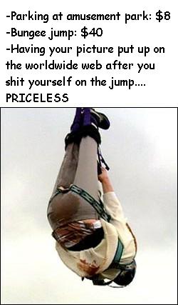 1990 Ford Bronco - A person is suspended mid-air during a bungee jump, with text detailing the costs of the experience.