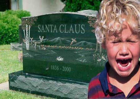 1990 Ford Bronco - A crying child stands before a gravestone with "SANTA CLAUS" inscribed on it.