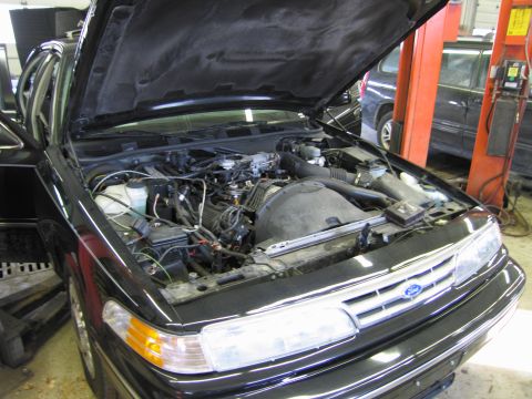 1991 Ford LTD Crown Victoria - The engine bay of a 1991 Ford Crown Victoria LTD is open for viewing, with another vehicle in the background.