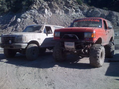 1979 Ford Bronco - Two lifted Ford Broncos are parked on a dirt road with rocky hills in the background. The Bronco on the right is red and has "BRONCO GIRL"…