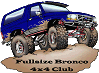 1991 Ford Bronco - A blue Ford Bronco is depicted with prominent off-road tires, accompanied by text identifying it as part of the 'Fullsize Bronco 4x4 Club'.