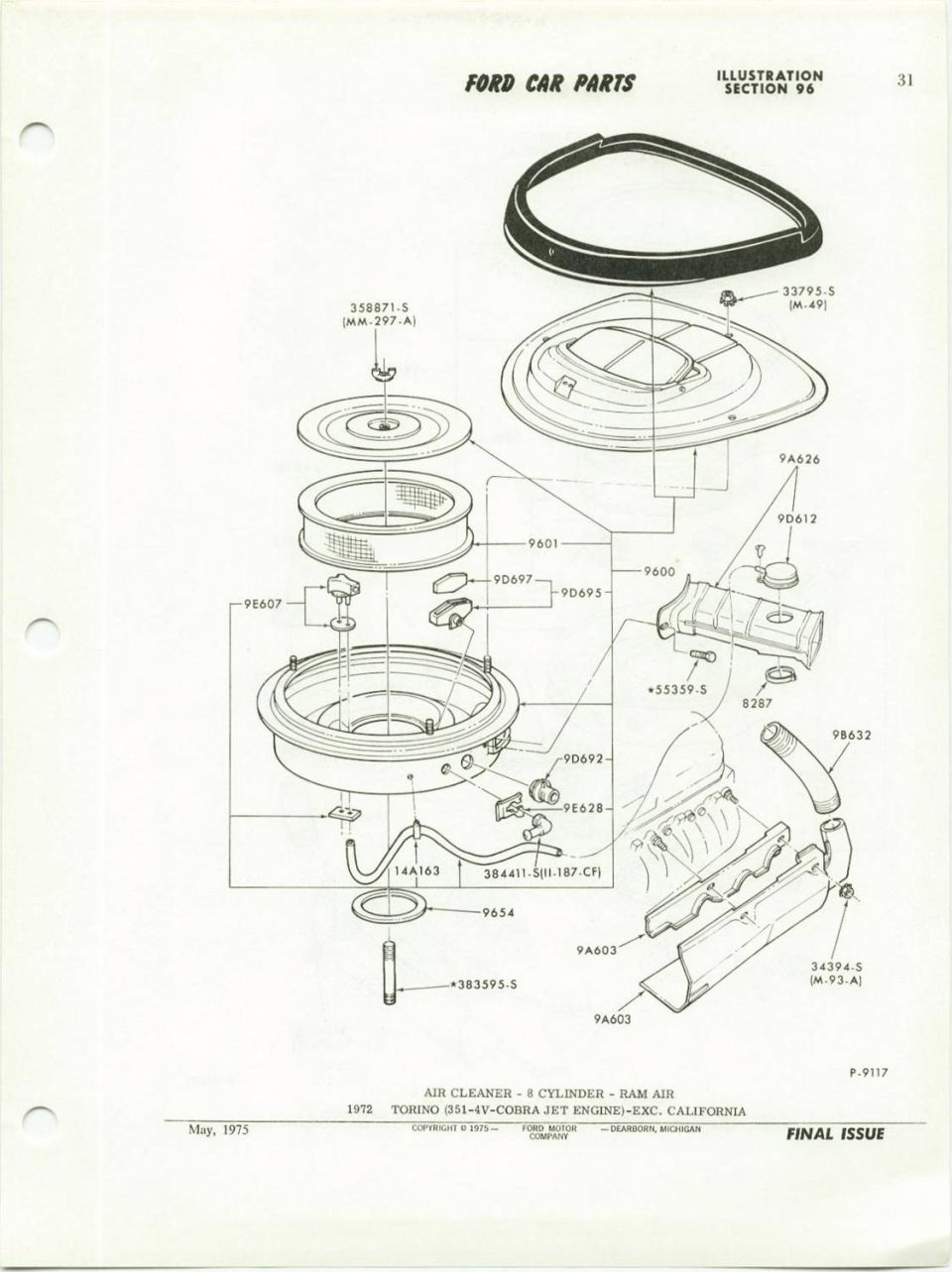 Ford car parts diagram for a 1972 Torino ram air air cleaner