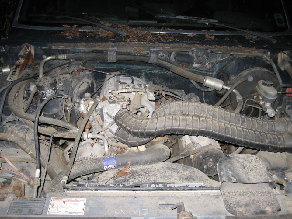 Engine bay of a dusty 1995 Ford Bronco with visible hoses, wires, and engine components.