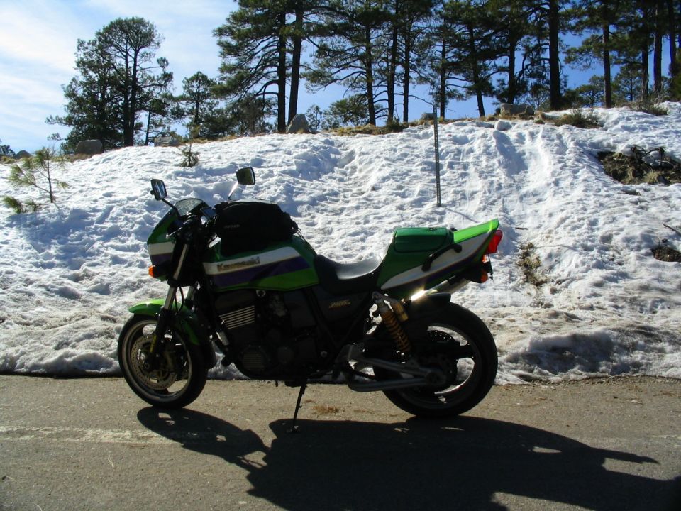 Green Kawasaki motorcycle parked beside a snowbank among pine trees