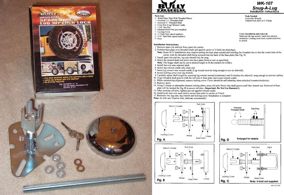 Packaging and parts for a spare-tire lug wrench lock kit