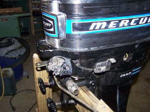 2007 Ford Bronco - Close-up view of the lower unit of a black Mercury outboard motor, showing the "MERCURY" logo and "20 H.P." designation. The motor is mount…