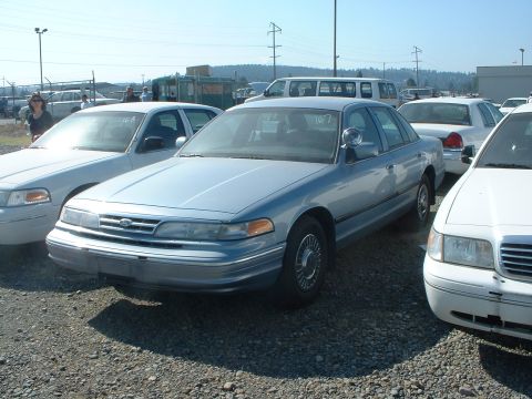 1999 Ford Crown Victoria - Multiple police-style sedans are parked in an outdoor lot under a clear sky.