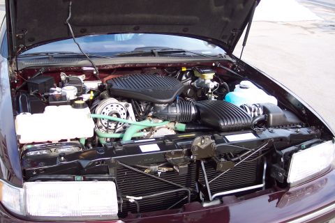 2001 Ford Crown Victoria - The engine bay of a maroon vehicle is displayed with the hood open, revealing various engine components and the radiator.