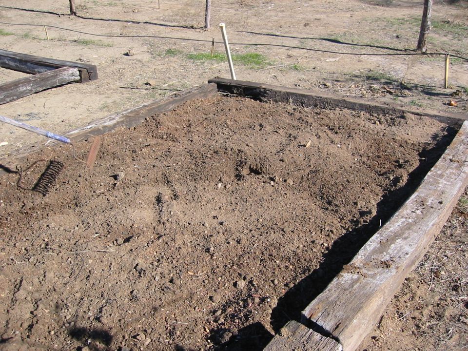 Raised garden bed with dirt and wooden beams. A rake is on the left