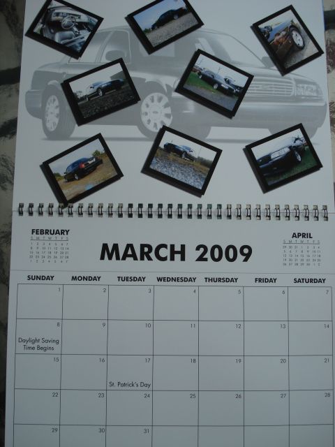 2000 Ford Crown Victoria - Calendar page for March 2009 features a 2000 Ford Crown Victoria with multiple inset photos.