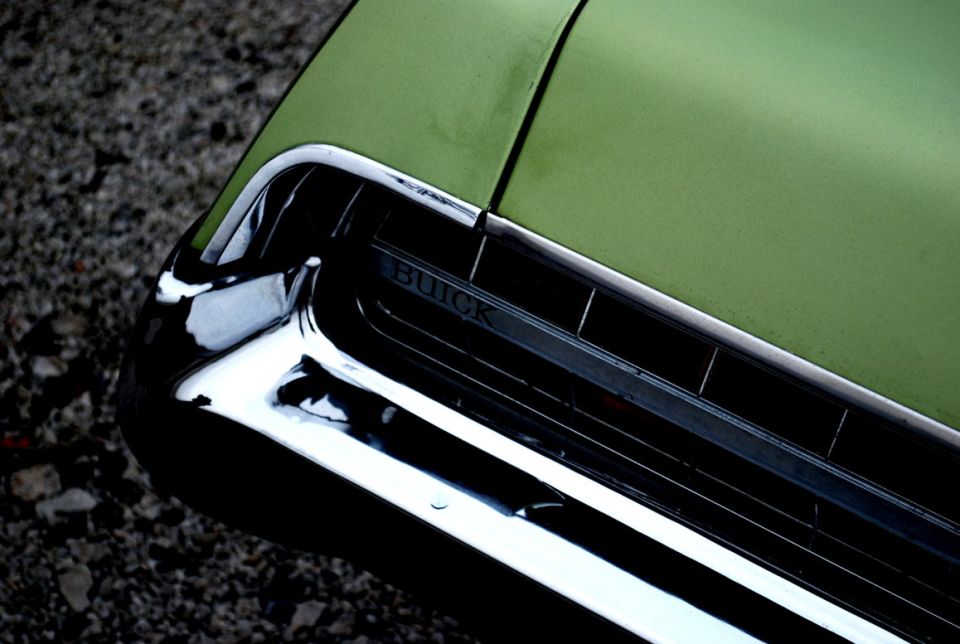 1972 Buick LeSabre front corner with chrome bumper and grille showing 'BUICK' emblem