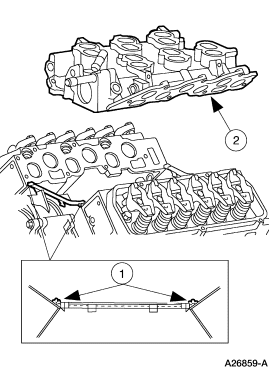 2007 Ford Mustang - Service illustration showing cylinder head and head gasket positioning on the engine block with alignment callouts.