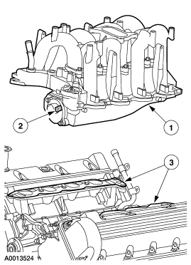 2007 Ford Mustang - Service/parts illustration showing the intake manifold and its position on the engine with numbered callouts.