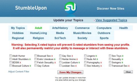 1990 Ford Bronco - The StumbleUpon website interface displays various topic categories for users to select.