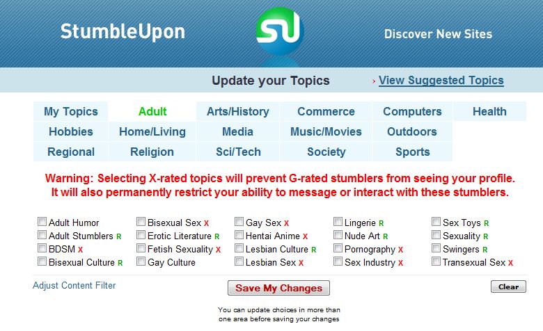 StumbleUpon website interface with topic selection options