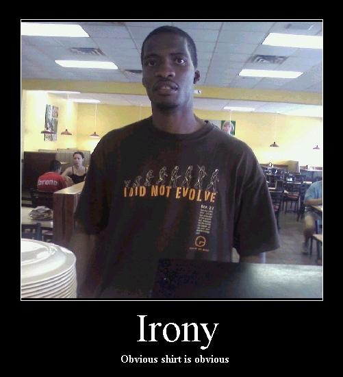 Demotivational poster of a man in a graphic t-shirt captioned Irony