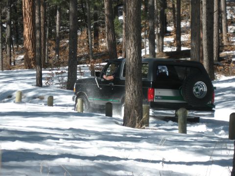 1993 Ford Bronco - A black Ford Bronco navigates a snowy forest road, kicking up snow as it drives.