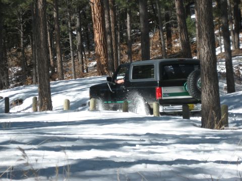 1993 Ford Bronco - Ford Bronco navigates a snowy, wooded trail, spraying snow as it drives.