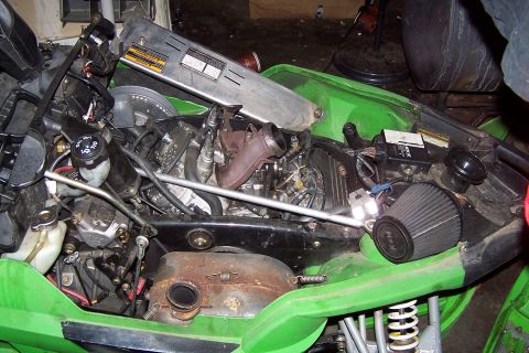2004 Arctic Cat F-7 Firecat - Close-up view of a snowmobile's engine and internal components.