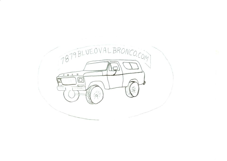 Pencil drawing of a Ford Bronco SUV with '7879blueovalbronco.com' banner