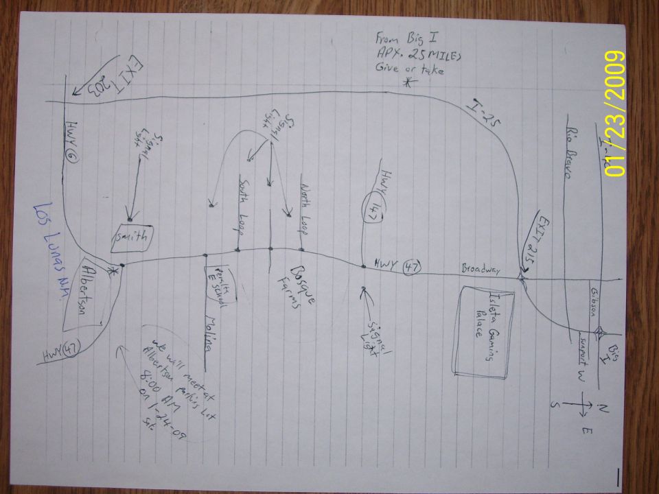 Hand-drawn map with roads, exits, and locations labeled
