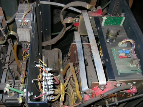 1997 Ford F-250 - Close-up view of the internal components of a welding machine, showing a complex arrangement of wiring and electronics.